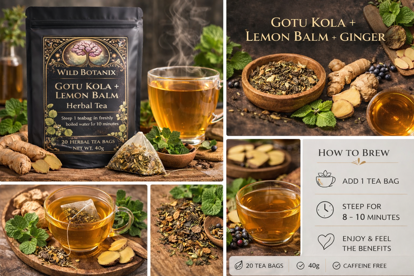 Wild Botanix Focus Flow Herbal Tea – Gotu Kola, Lemon Balm & Ginger | Natural Focus & Calm | 20 Tea Bags