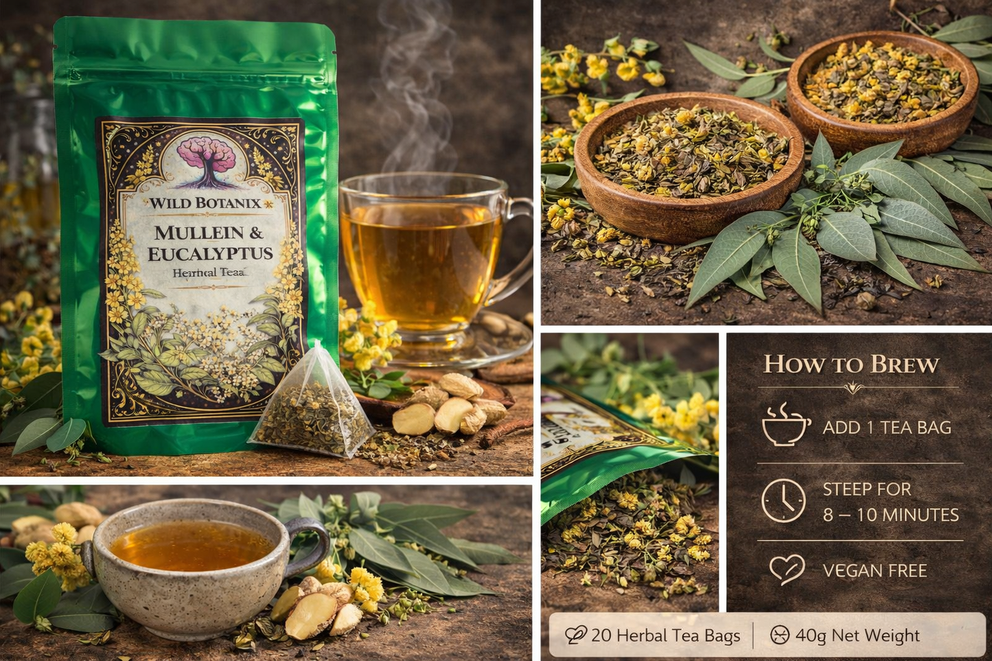 Wild Botanix Breathe Botanical Herbal Tea – Mullein & Eucalyptus Blend (20 Tea Bags)