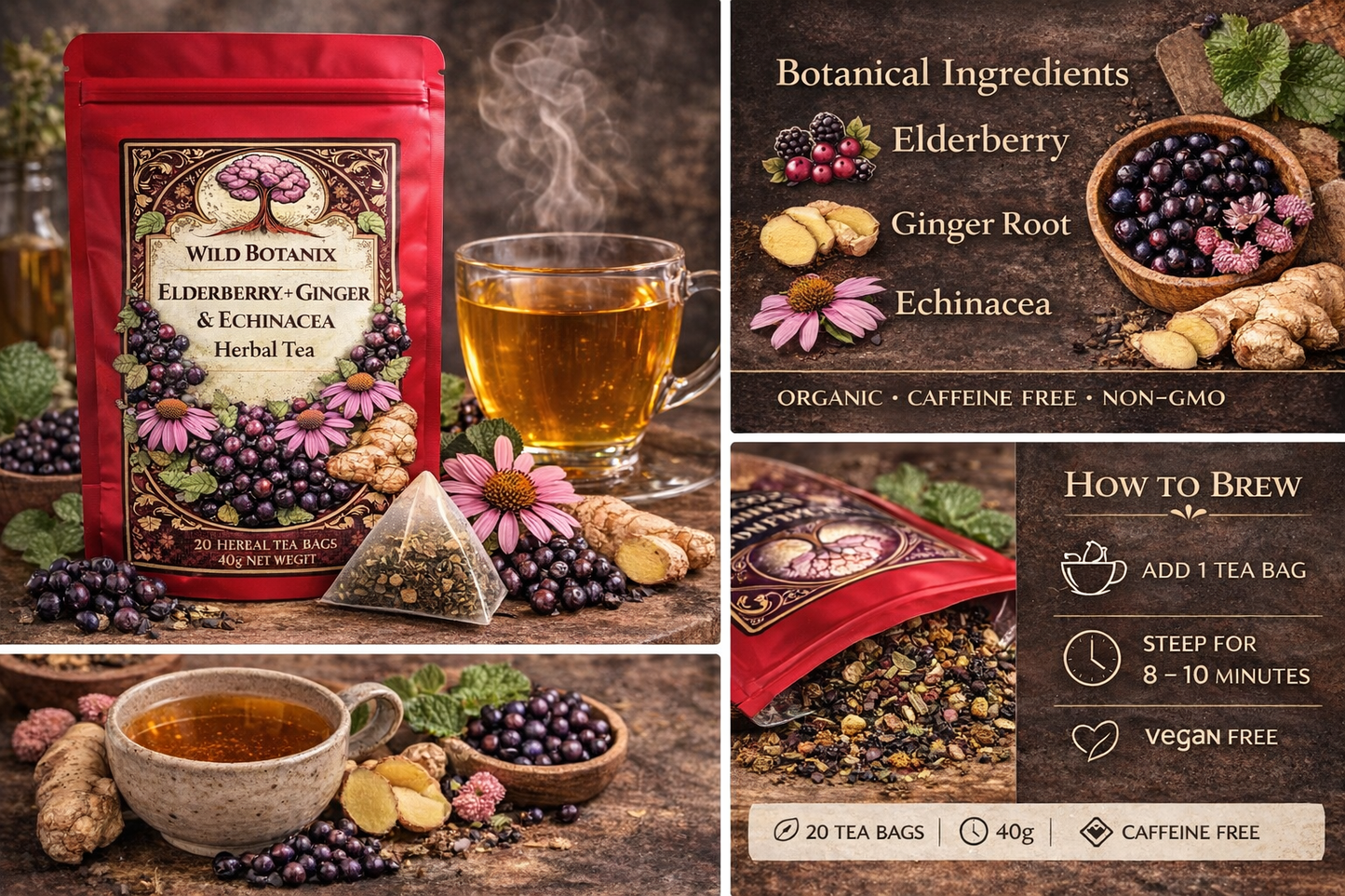 Wild Botanix Immune Support Herbal Tea – Elderberry, Ginger & Echinacea | Organic Botanical Blend | 20 Tea Bags