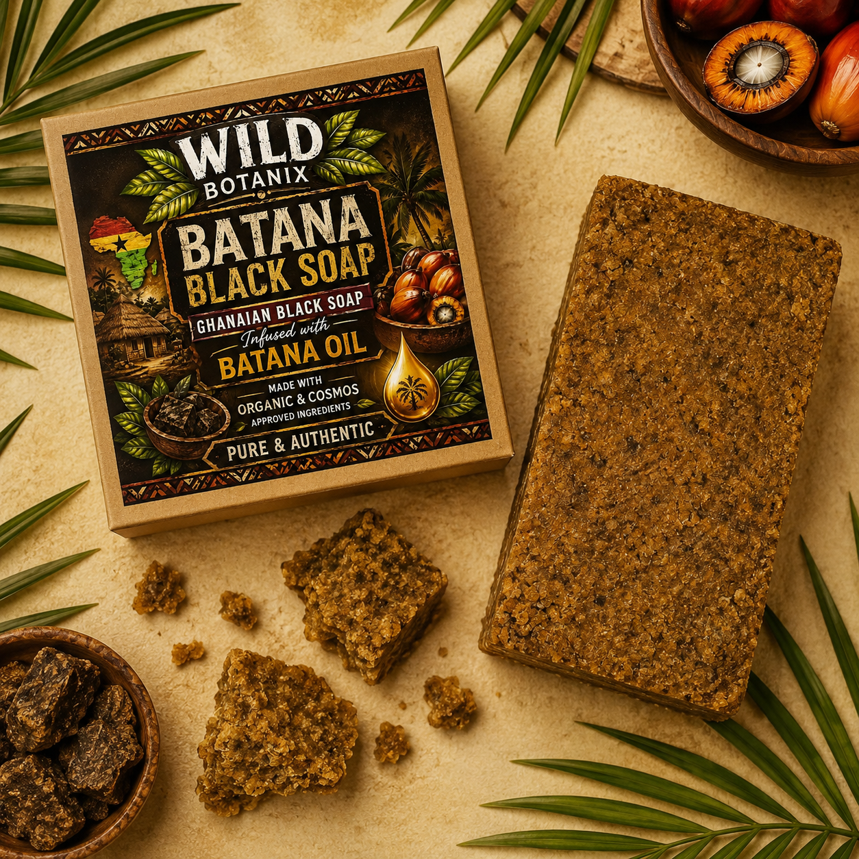 Wild Botanix Batana Black Soap 100g flat lay with kraft box, golden-brown soap and botanical styling
