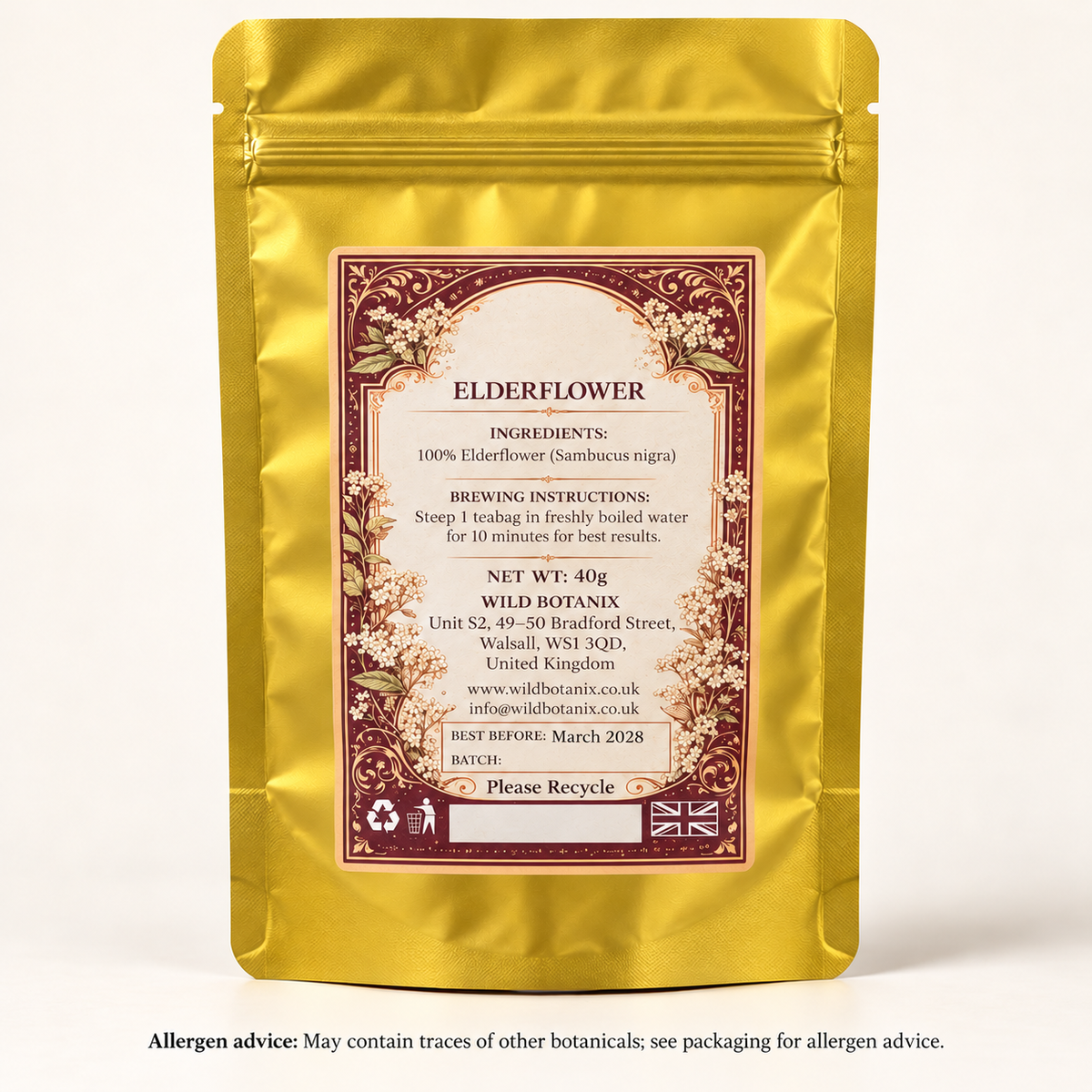 Elderflower Herbal Tea – 20 Bags, 40g back label, best before March 2028