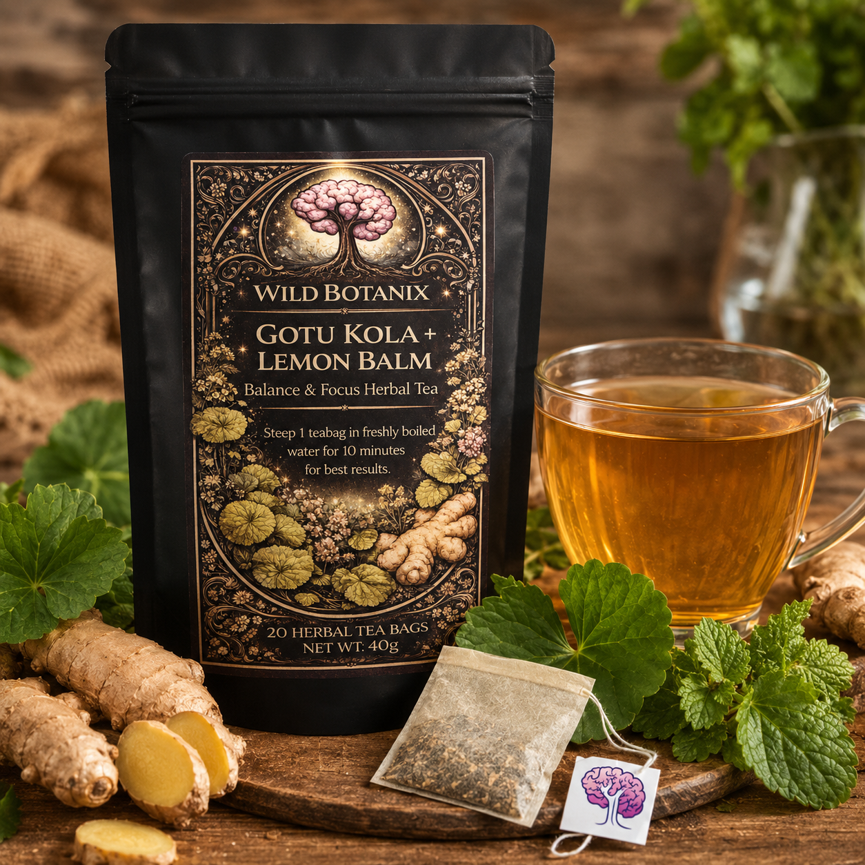 Wild Botanix Gotu Kola Lemon Balm and Ginger Herbal Tea hero image with flat wood pulp tea bag