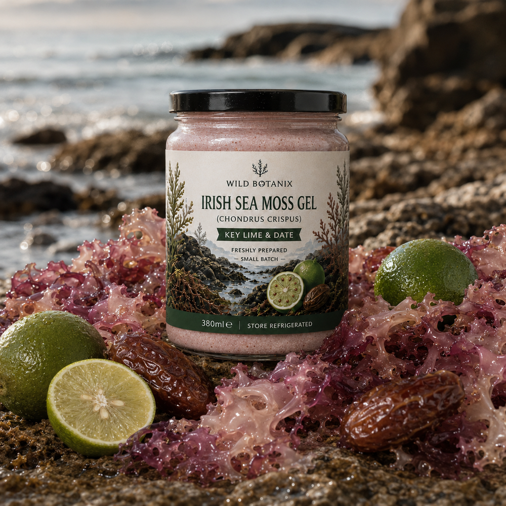 Wild Botanix Irish Sea Moss Gel Key Lime & Date 380ml coastal ingredient lifestyle image