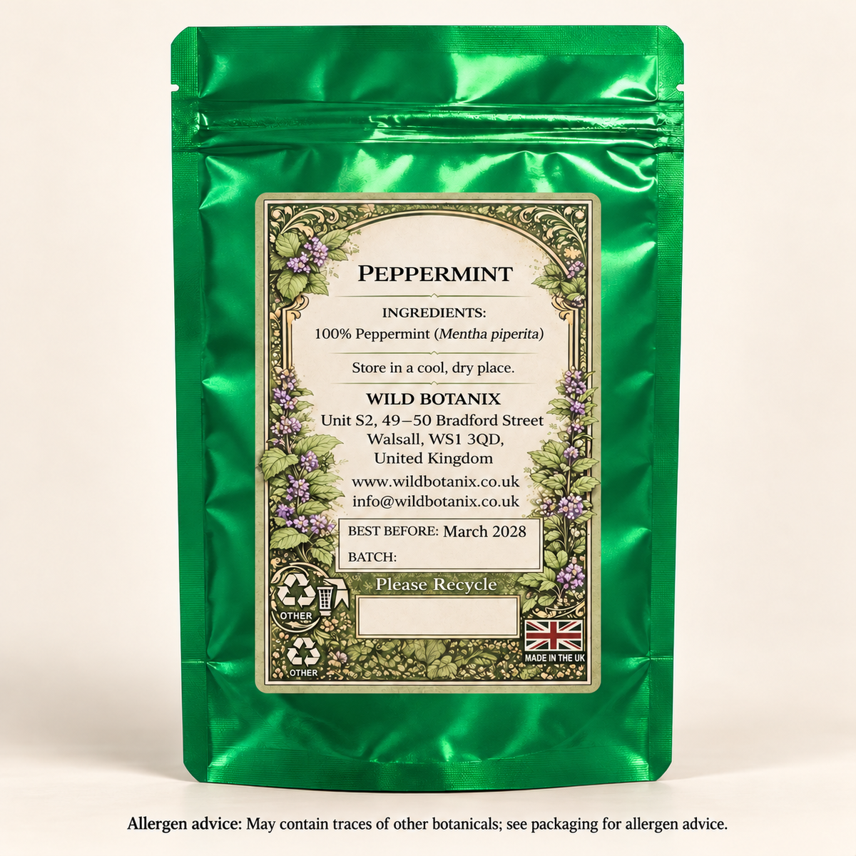 Pure Peppermint Herbal Tea – 20 Bags, 40g back label, best before March 2028
