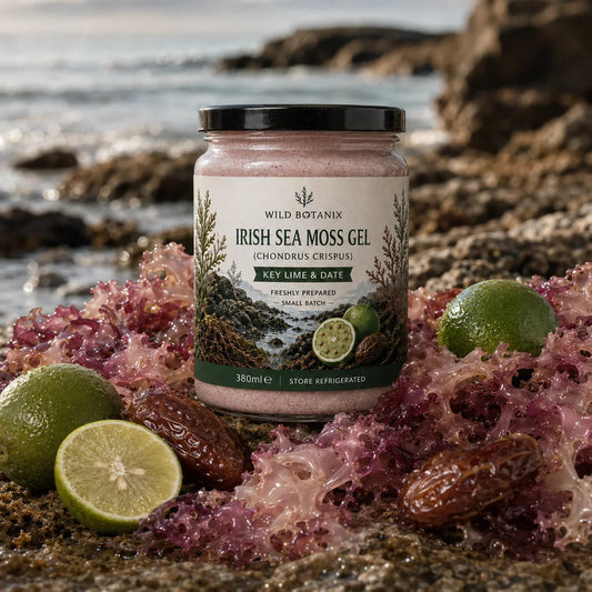Wild Botanix Irish Sea Moss Gel jar on coastal rocks