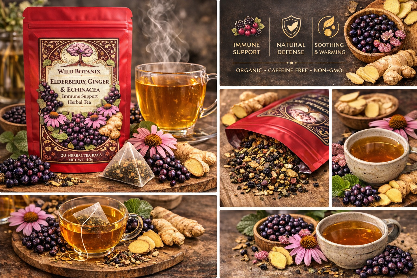 Wild Botanix Immune Support Herbal Tea – Elderberry, Ginger & Echinacea | Organic Botanical Blend | 20 Tea Bags