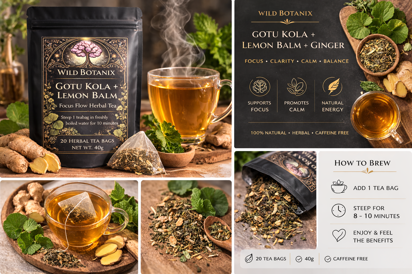 Wild Botanix Focus Flow Herbal Tea – Gotu Kola, Lemon Balm & Ginger | Natural Focus & Calm | 20 Tea Bags