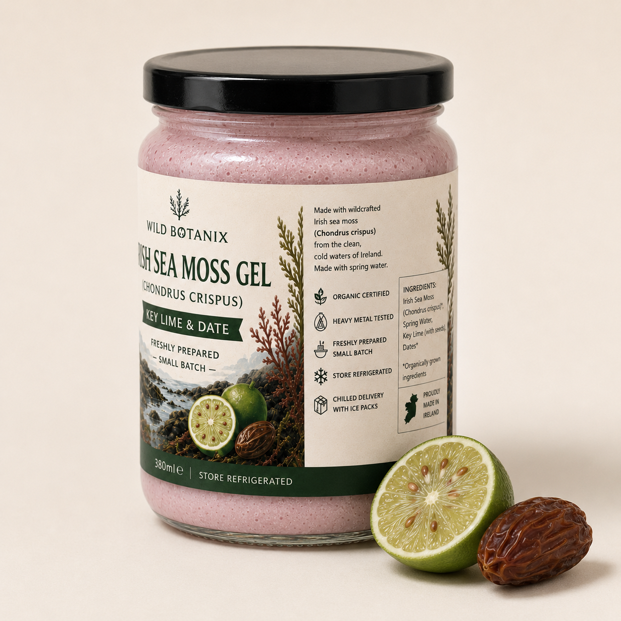 Close-up Wild Botanix Irish Sea Moss Gel with key lime and date