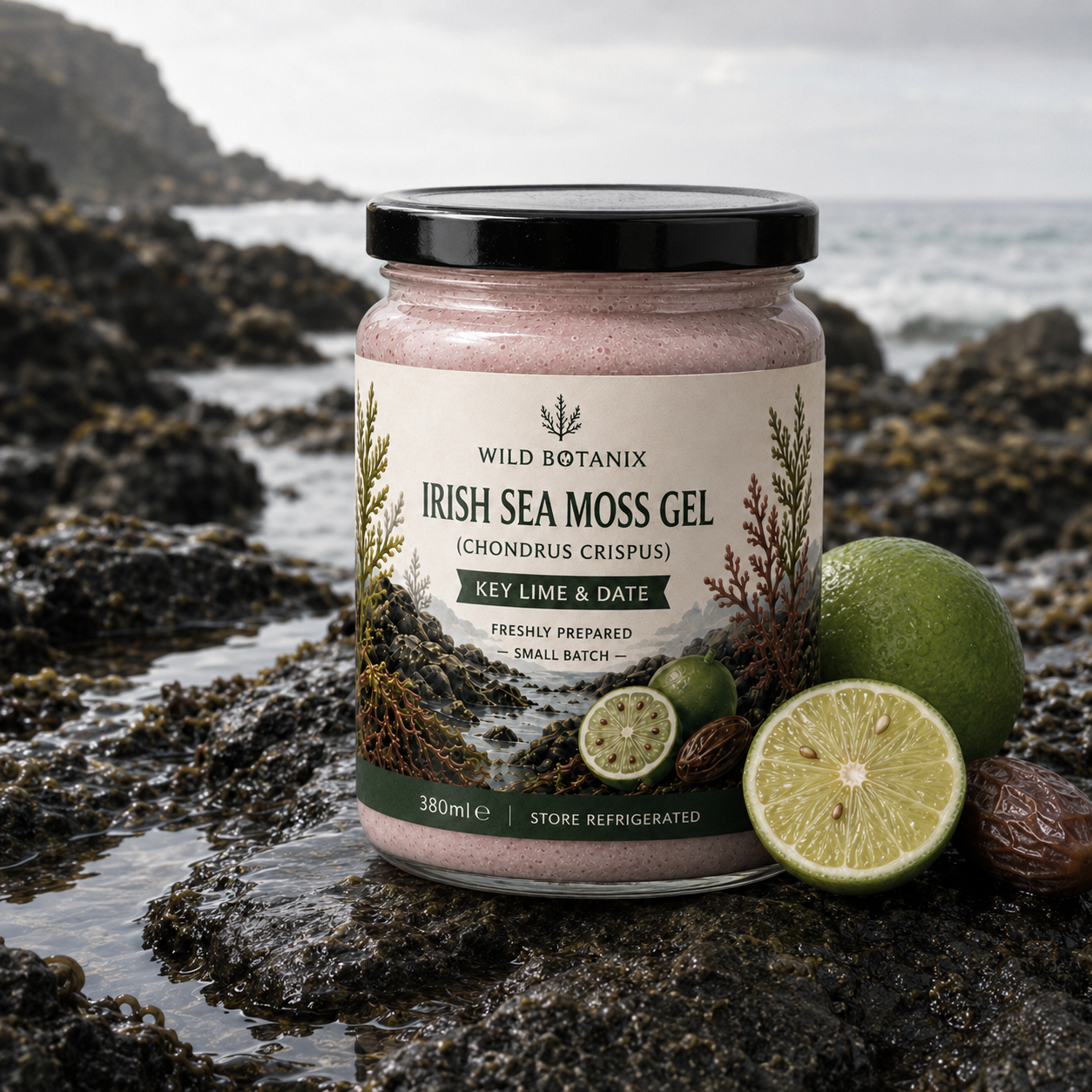 Wild Botanix Irish Sea Moss Gel Key Lime and Date on coastal rocks with lime and date