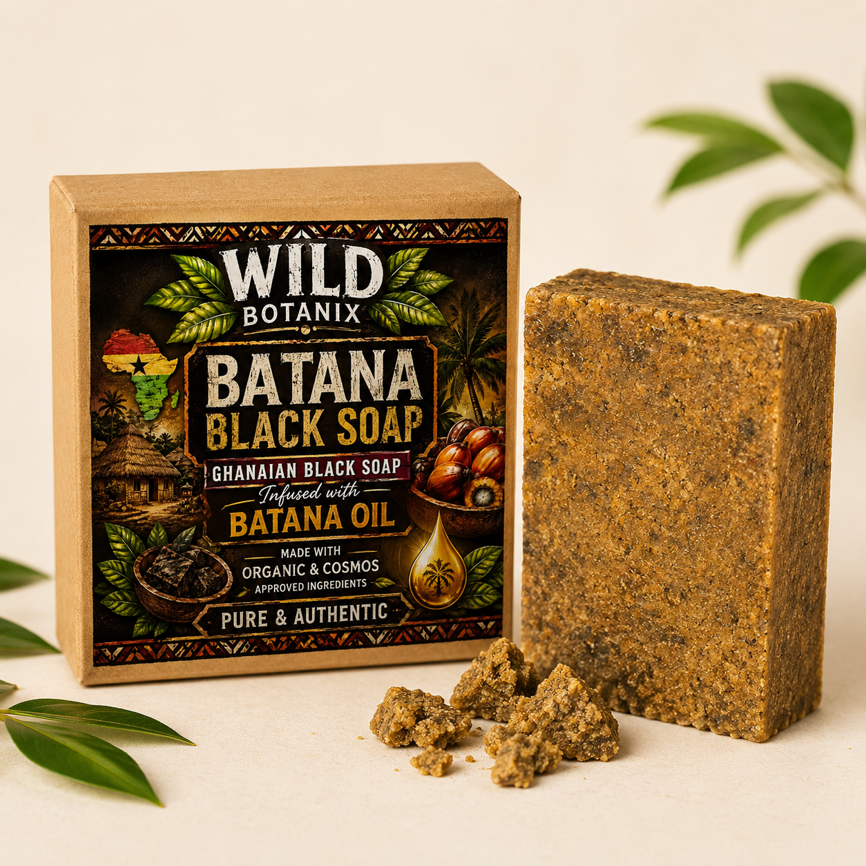 Wild Botanix Batana Black Soap 100g with kraft box and natural golden-brown soap bar