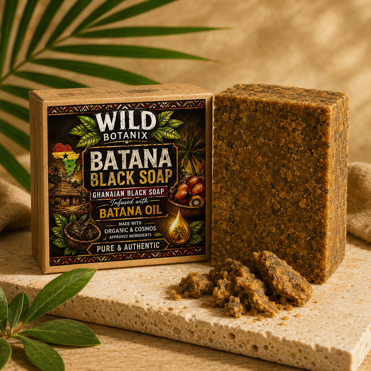Wild Botanix Batana Black Soap 100g lifestyle image with kraft box and natural soap texture
