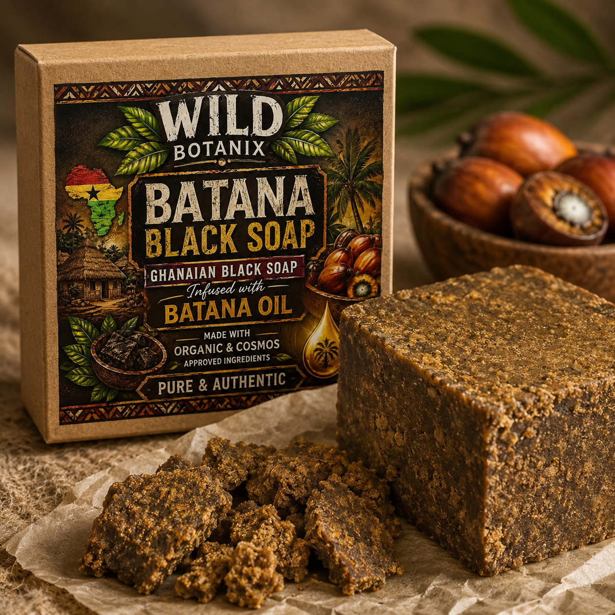 Wild Botanix Batana Black Soap 100g close-up showing the rustic golden-brown handmade soap texture