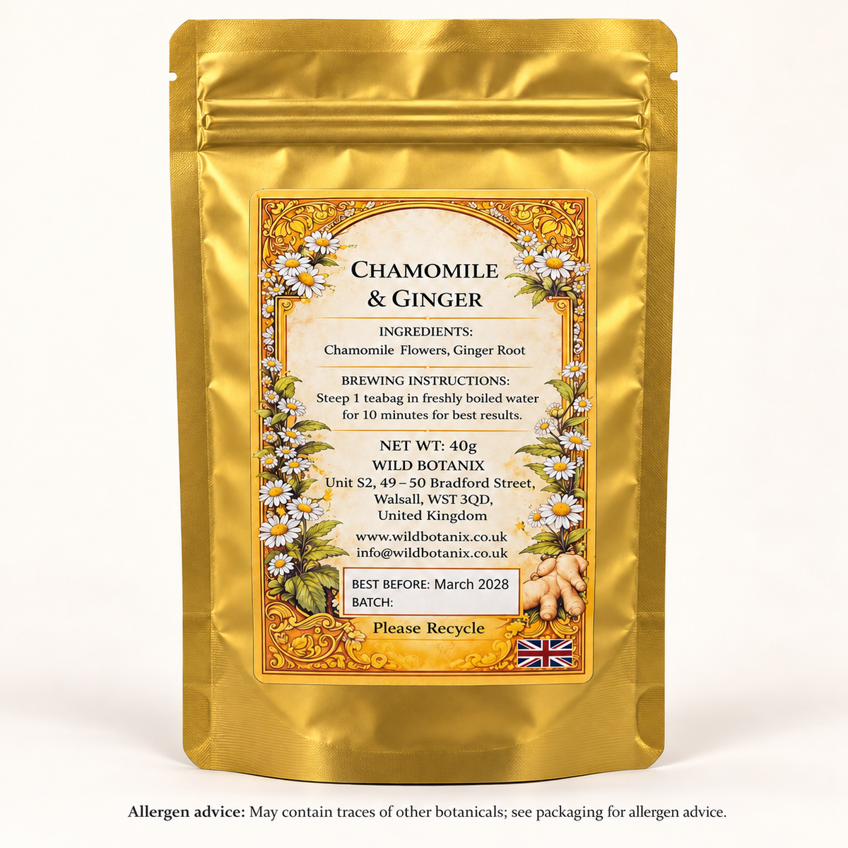 Chamomile & Ginger Herbal Tea – 20 Bags, 40g back label, best before March 2028