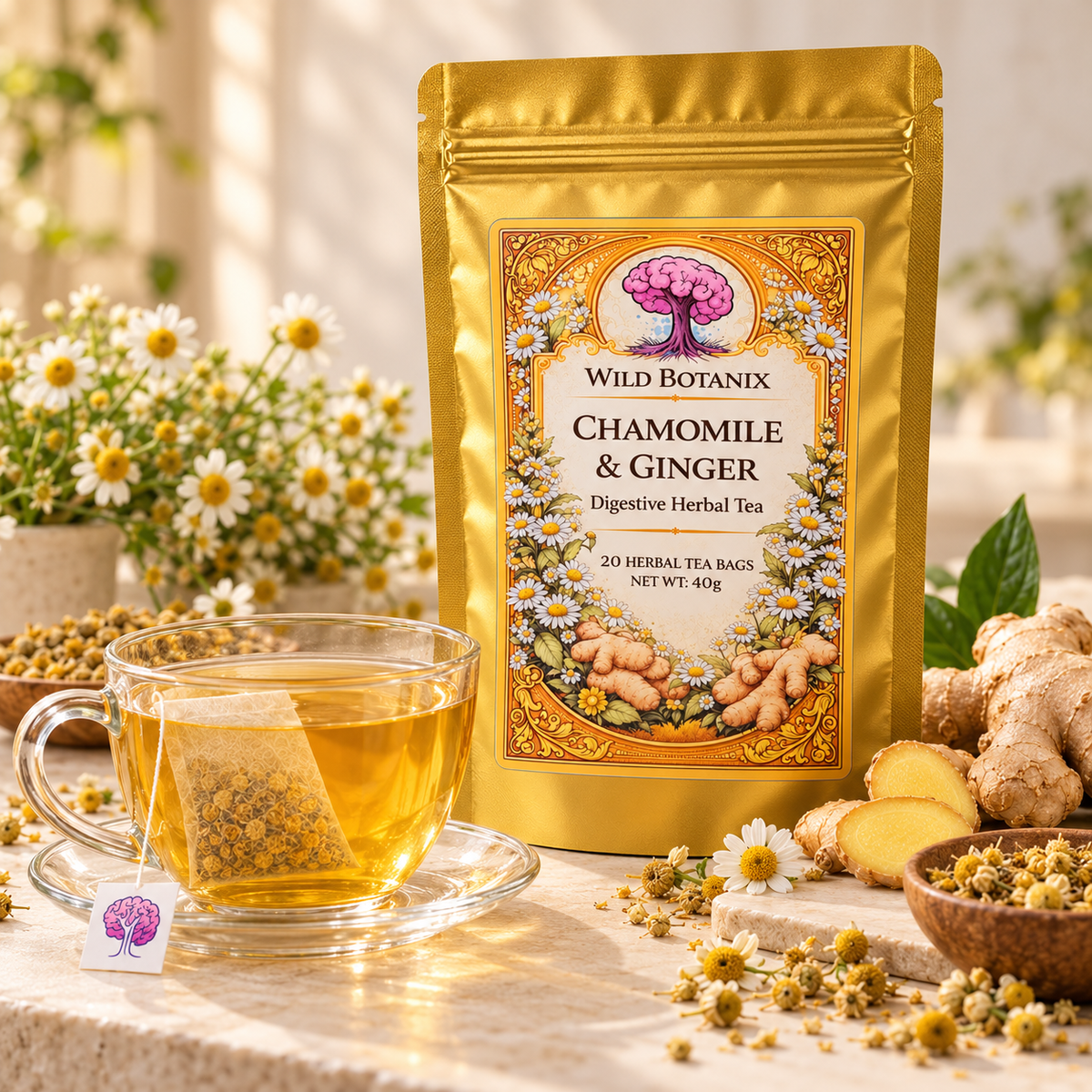 Wild Botanix Chamomile & Ginger tea cup scene, generated product image