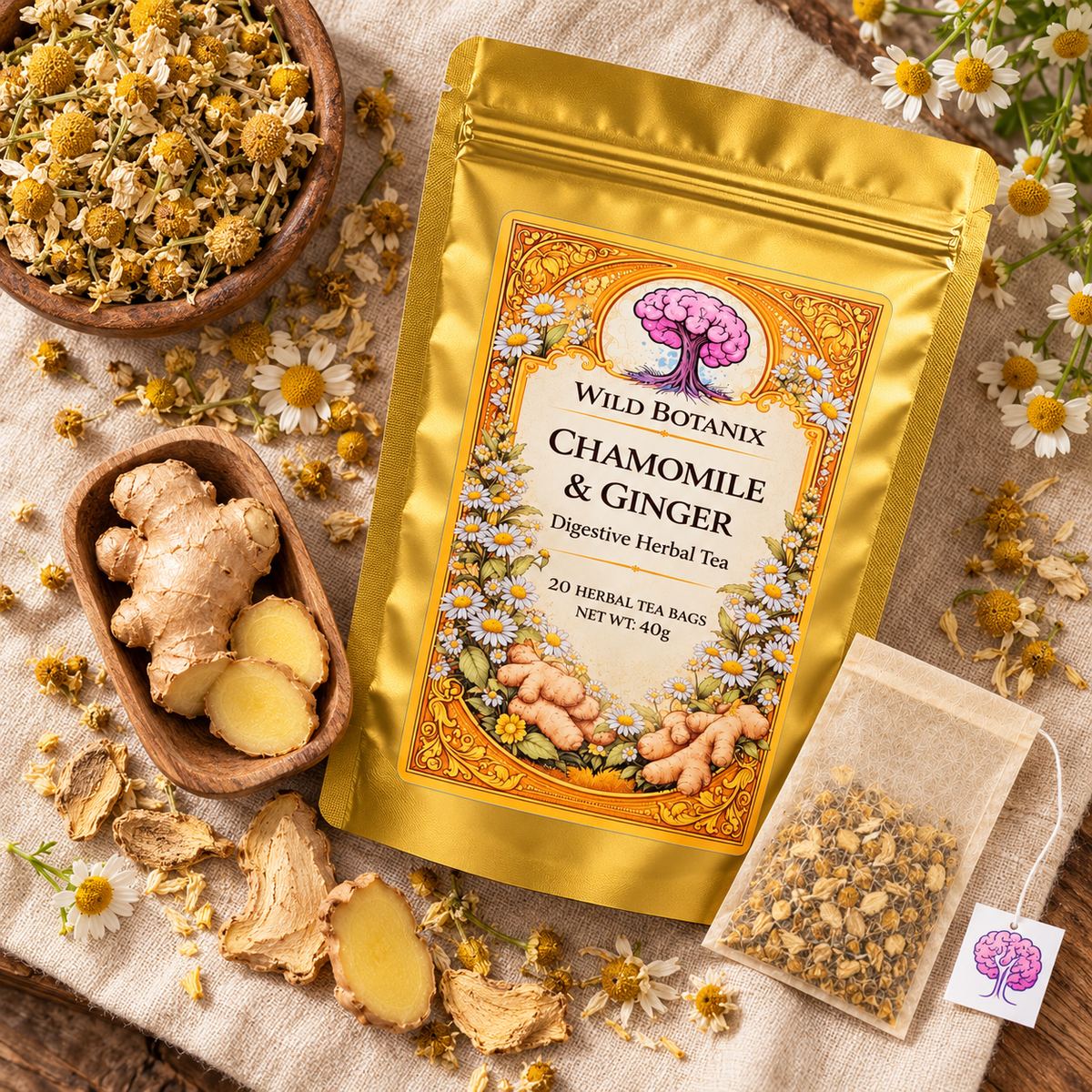 Wild Botanix Chamomile & Ginger tea ingredient close-up scene, generated product image
