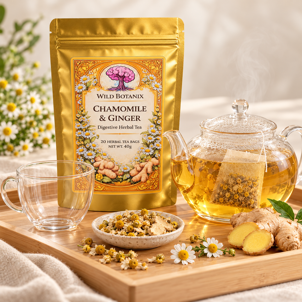 Wild Botanix Chamomile & Ginger tea preparation scene, generated product image