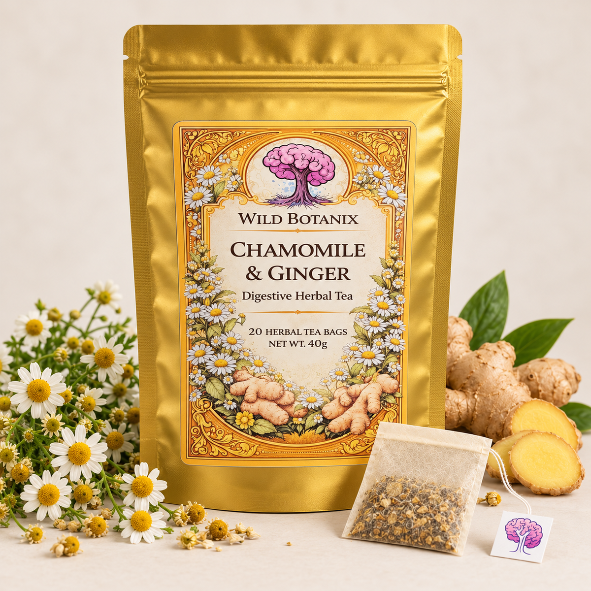Wild Botanix chamomile ginger herbal tea, 20 bags 40g, studio product image