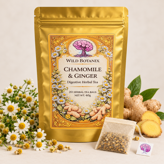 Wild Botanix chamomile ginger herbal tea, 20 bags 40g, studio product image