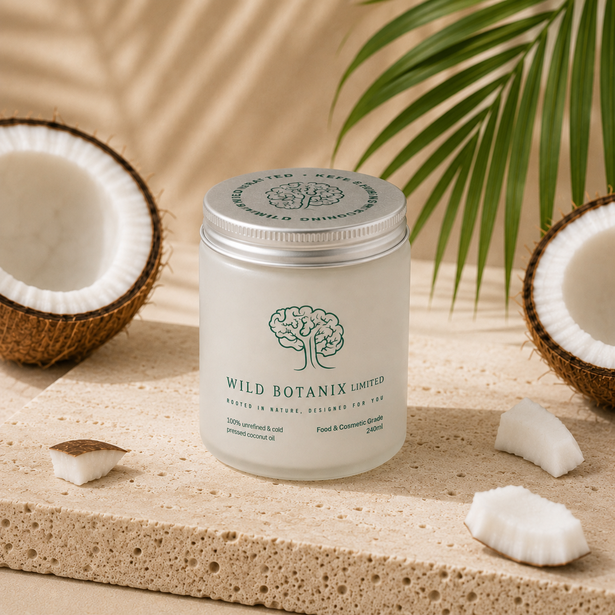 Wild Botanix unrefined virgin coconut oil 240ml jar with coconut and palm styling