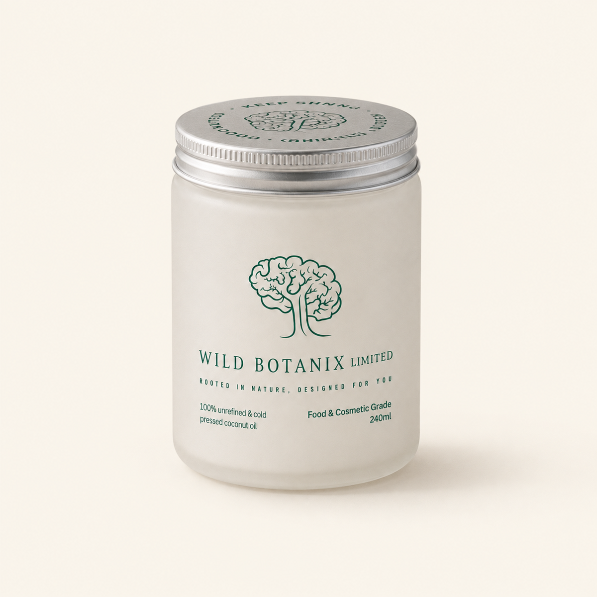 Wild Botanix unrefined virgin coconut oil 240ml jar on a clean cream background