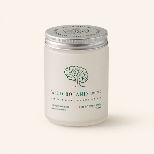 Wild Botanix unrefined virgin coconut oil 240ml jar on a clean cream background