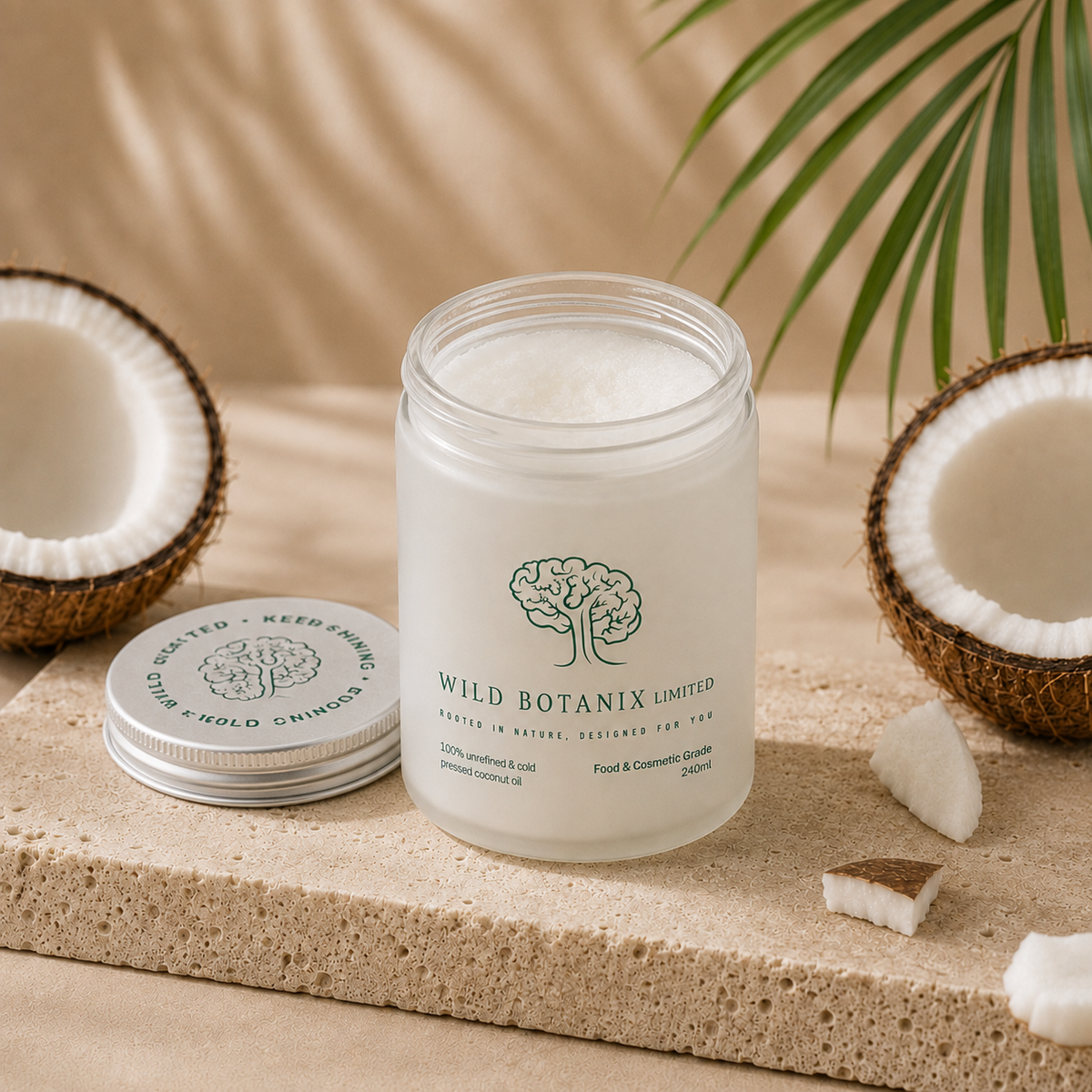 Open Wild Botanix unrefined virgin coconut oil 240ml jar showing the natural white coconut oil texture