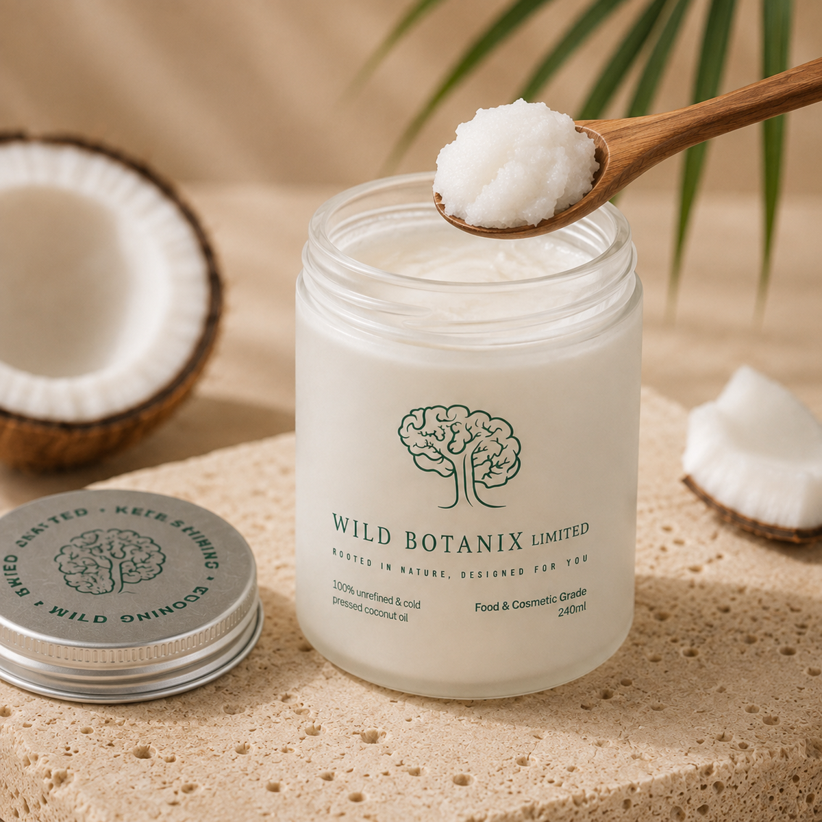 Wild Botanix unrefined virgin coconut oil 240ml open jar with a wooden spoon showing the coconut oil texture