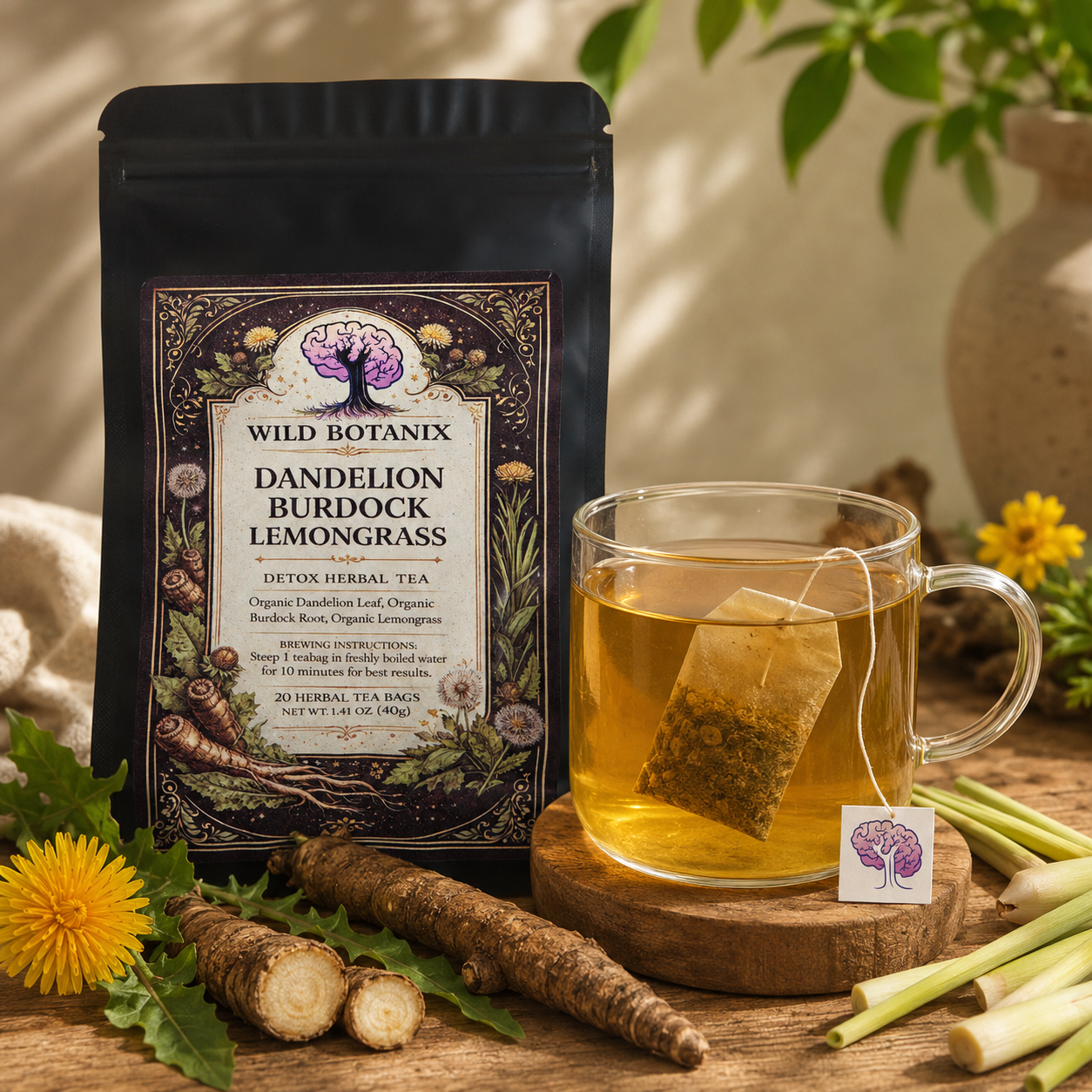 Wild Botanix Dandelion Burdock Lemongrass Herbal Tea brewed cup with wood pulp tea bag