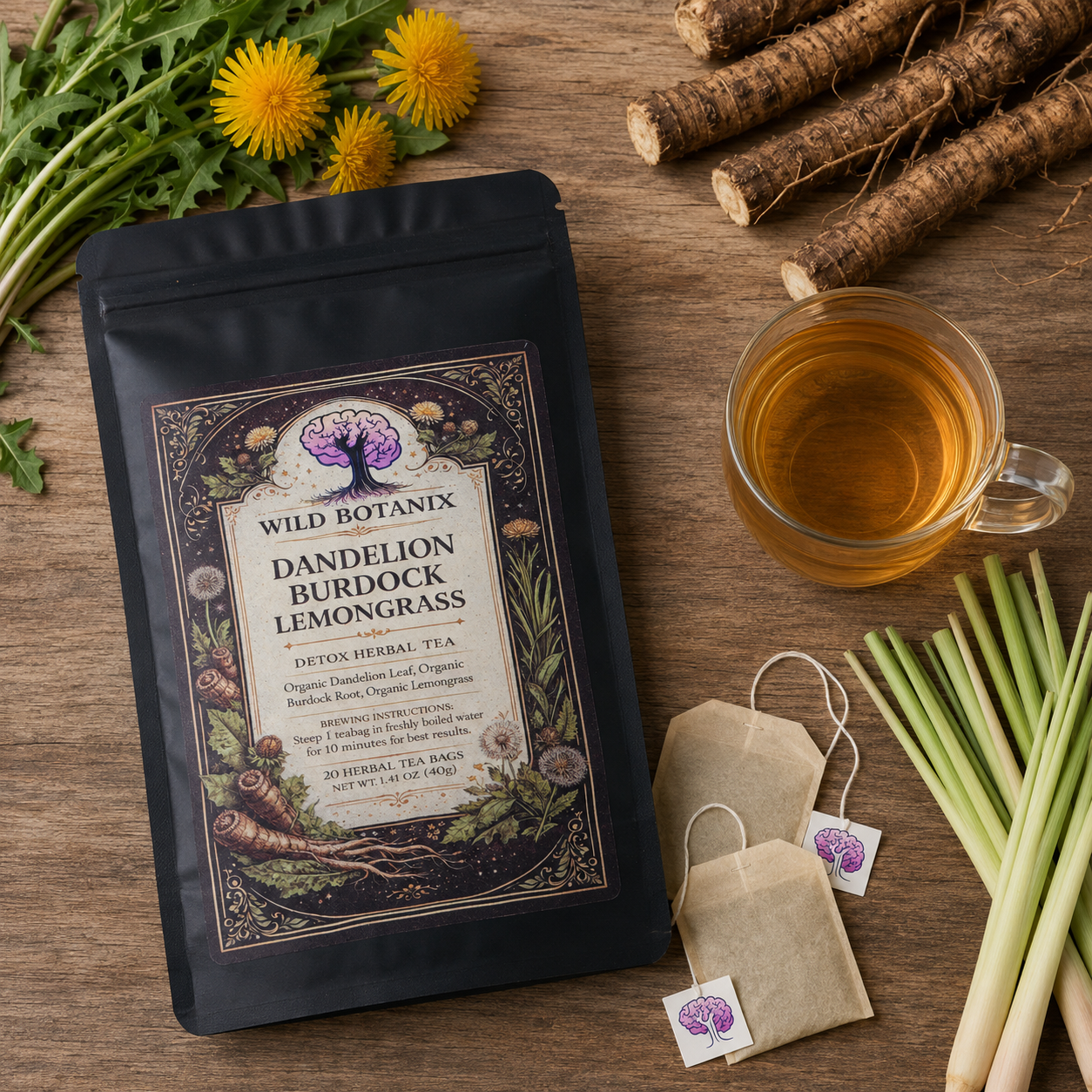 Wild Botanix Dandelion Burdock Lemongrass Herbal Tea flat lay with tea bags brewed tea and botanicals