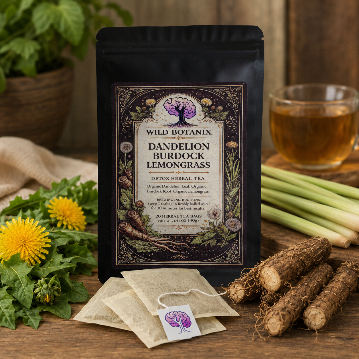 Wild Botanix Dandelion Burdock Lemongrass Herbal Tea pack with tea bags and botanicals