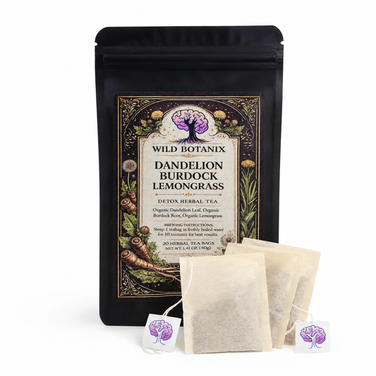 Wild Botanix Dandelion Burdock Lemongrass Herbal Tea white background packshot with tea bags