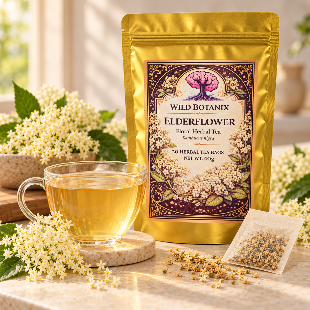 Wild Botanix Elderflower tea cup scene, generated product image
