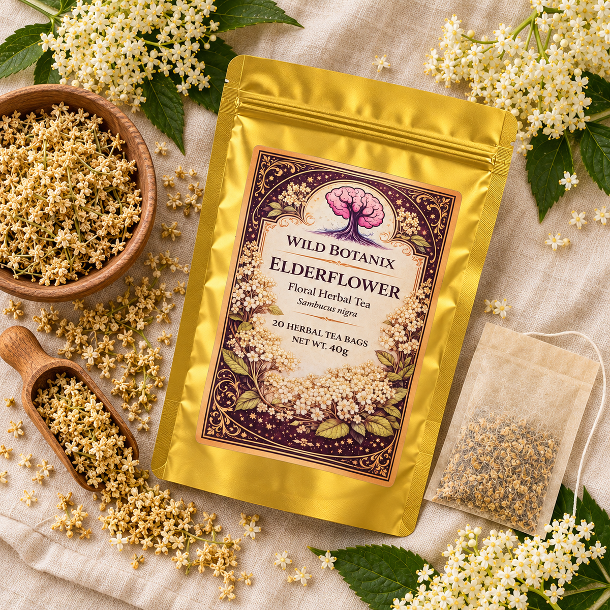 Wild Botanix Elderflower tea ingredients scene, generated product image