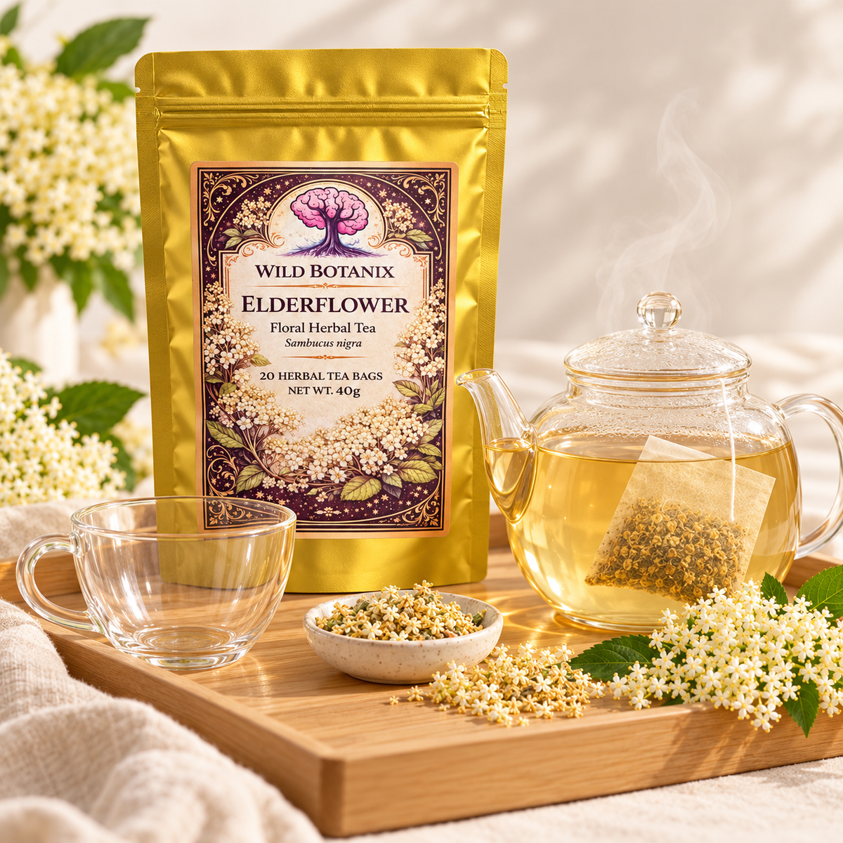 Wild Botanix Elderflower tea preparation scene, generated product image