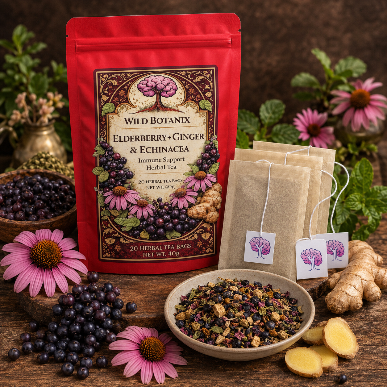 Wild Botanix Elderberry Ginger and Echinacea Herbal Tea botanical display with flat wood pulp tea bags