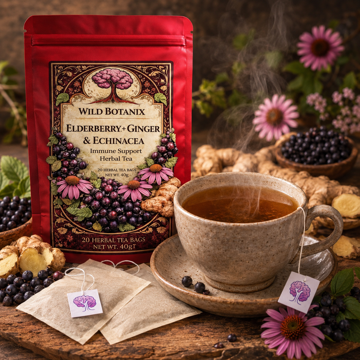 Wild Botanix Elderberry Ginger and Echinacea Herbal Tea brewed cup lifestyle image with flat wood pulp tea bags
