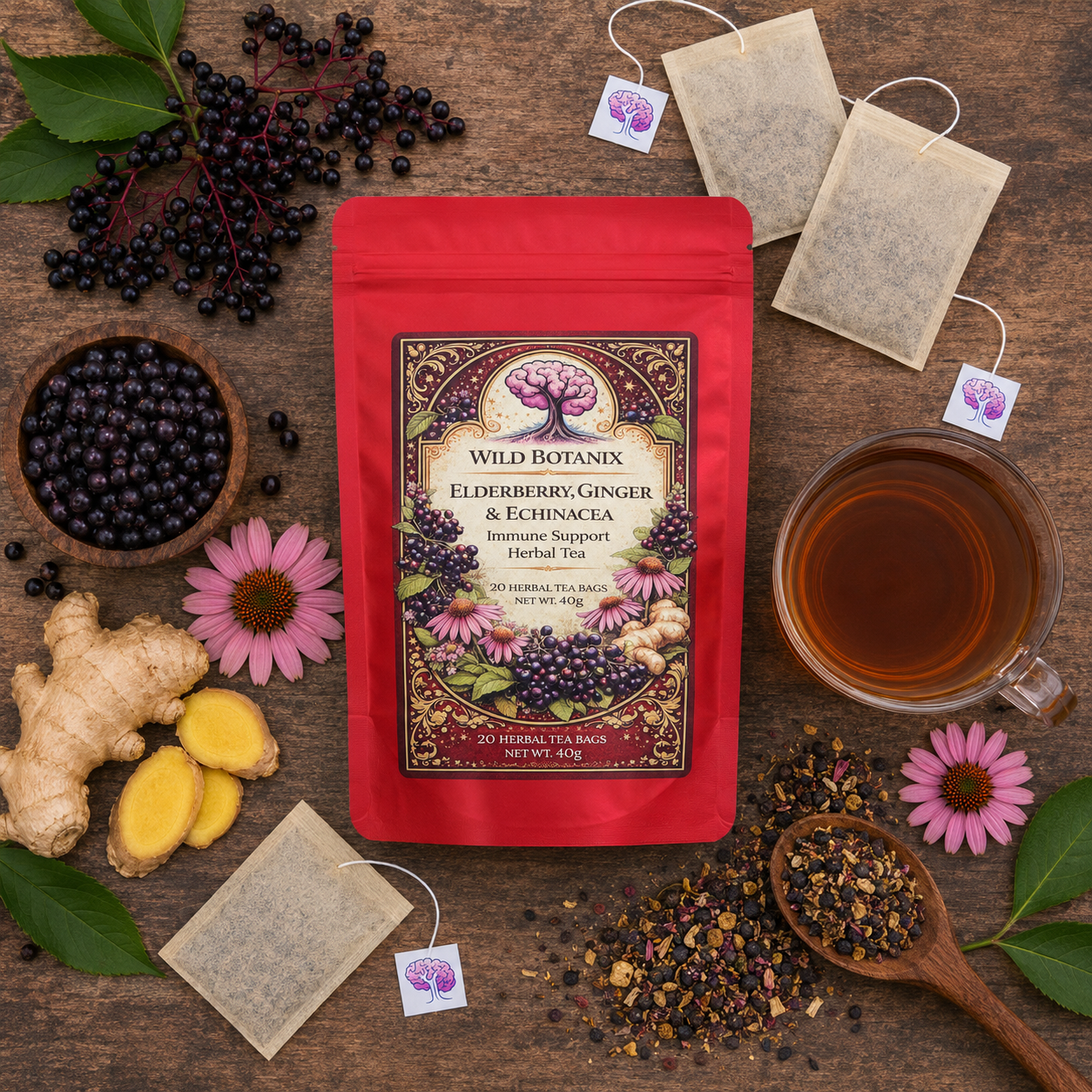 Wild Botanix Elderberry Ginger and Echinacea Herbal Tea flat lay with brewed tea botanicals and flat wood pulp tea bags