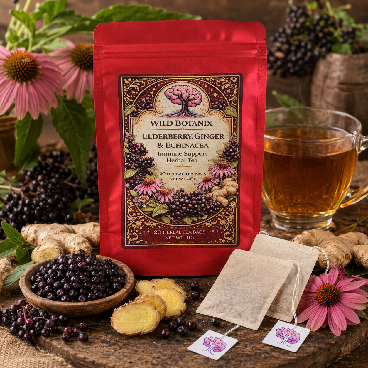 Wild Botanix Elderberry Ginger and Echinacea Herbal Tea hero image with flat wood pulp tea bags