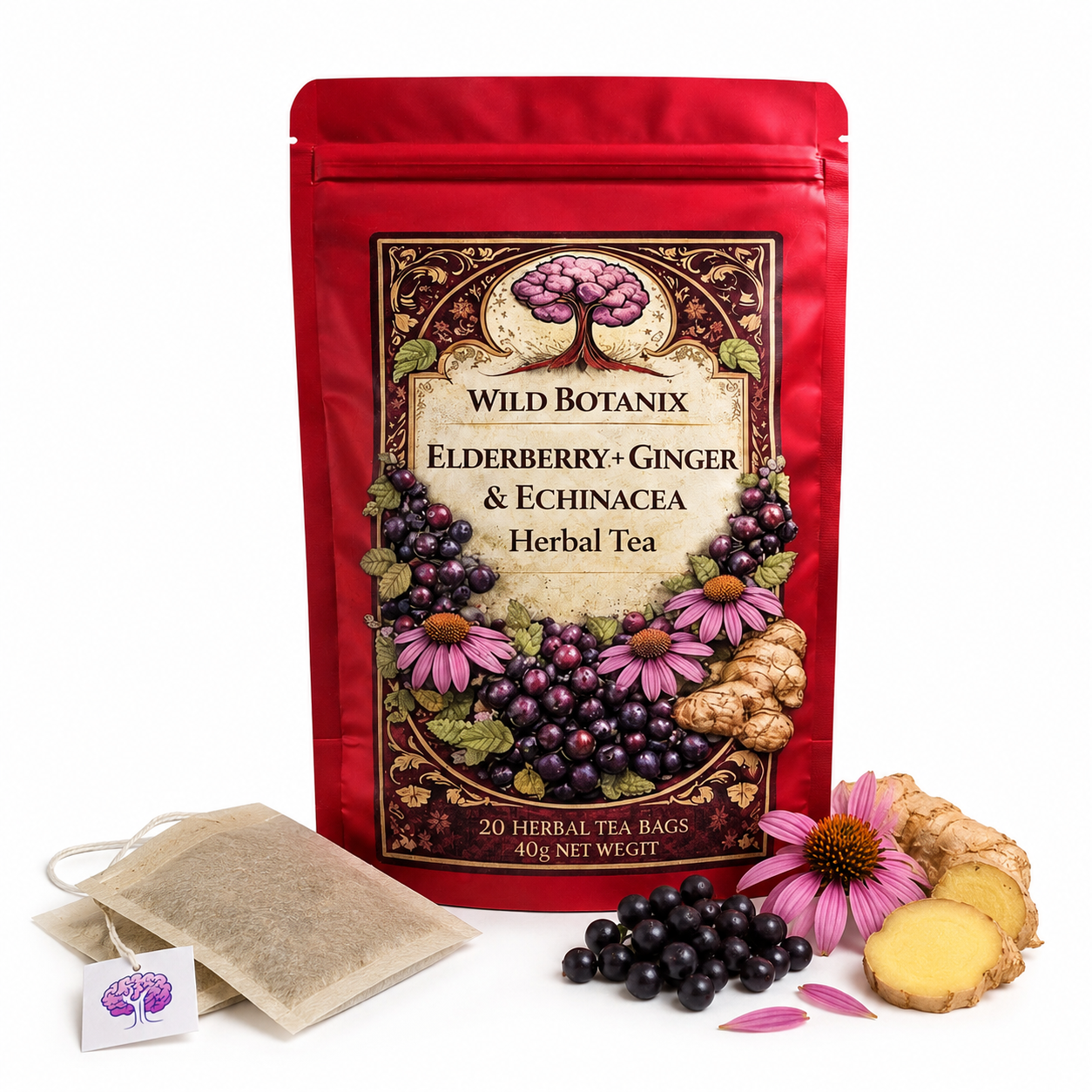 Wild Botanix Elderberry Ginger and Echinacea Herbal Tea white background packshot with flat wood pulp tea bags