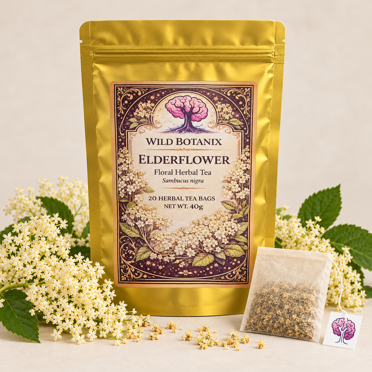 Wild Botanix elderflower herbal tea, 20 bags 40g, studio product image