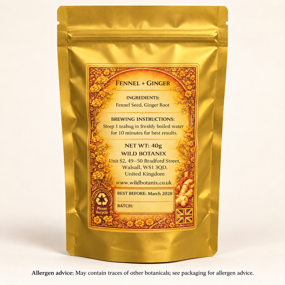 Fennel & Ginger Herbal Tea – 20 Bags, 40g back label, best before March 2028