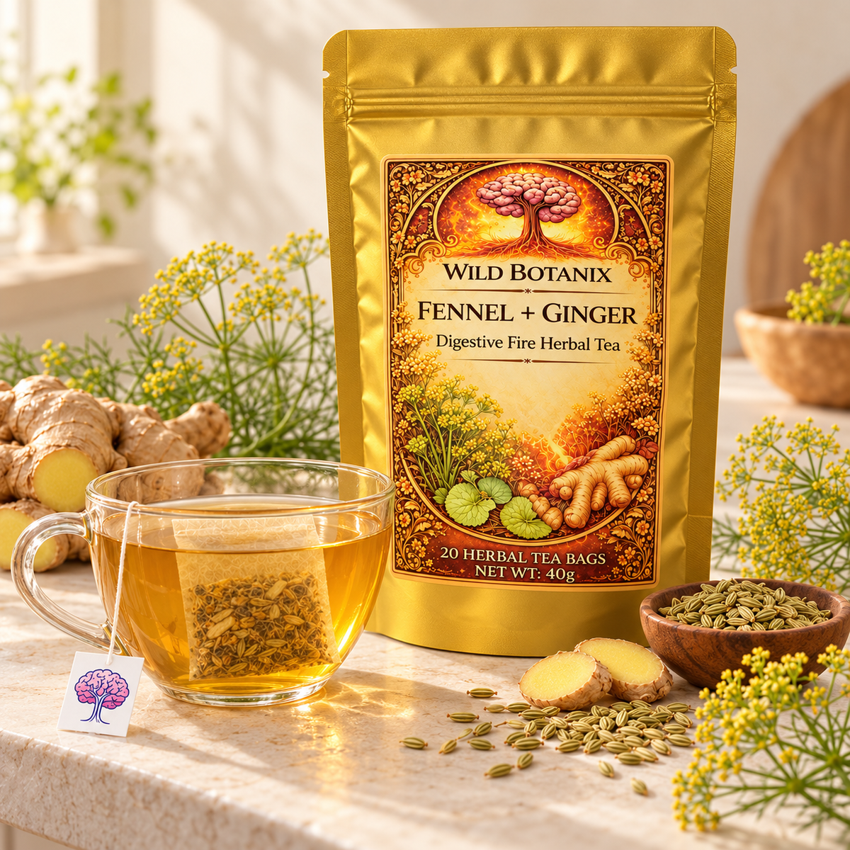 Wild Botanix Fennel & Ginger tea brewed cup scene, generated product image
