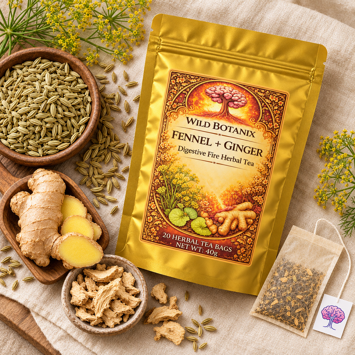 Wild Botanix Fennel & Ginger tea ingredient close-up scene, generated product image
