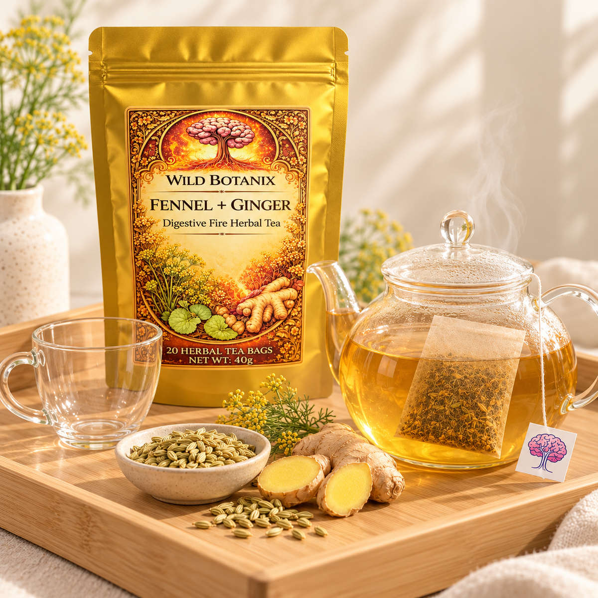 Wild Botanix Fennel & Ginger tea preparation scene, generated product image