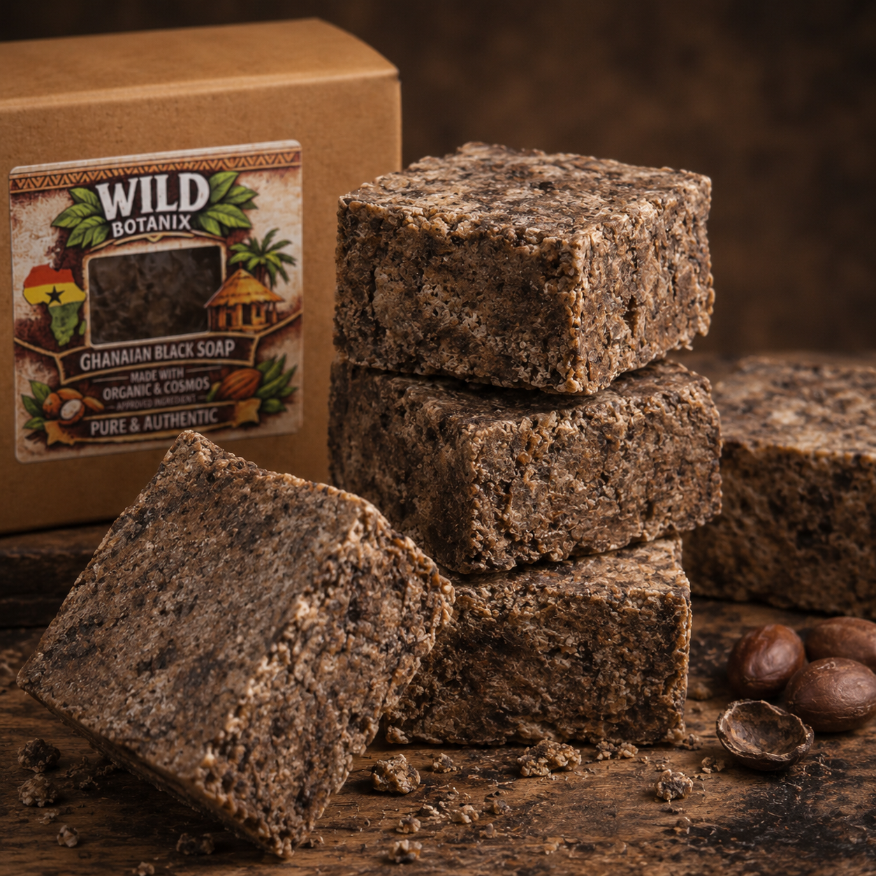 Wild Botanix Ghanaian Black Soap Bar 100g close-up texture image with kraft packaging