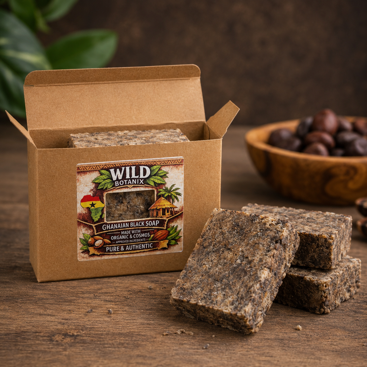 Wild Botanix Ghanaian Black Soap Bar 100g open kraft box product image