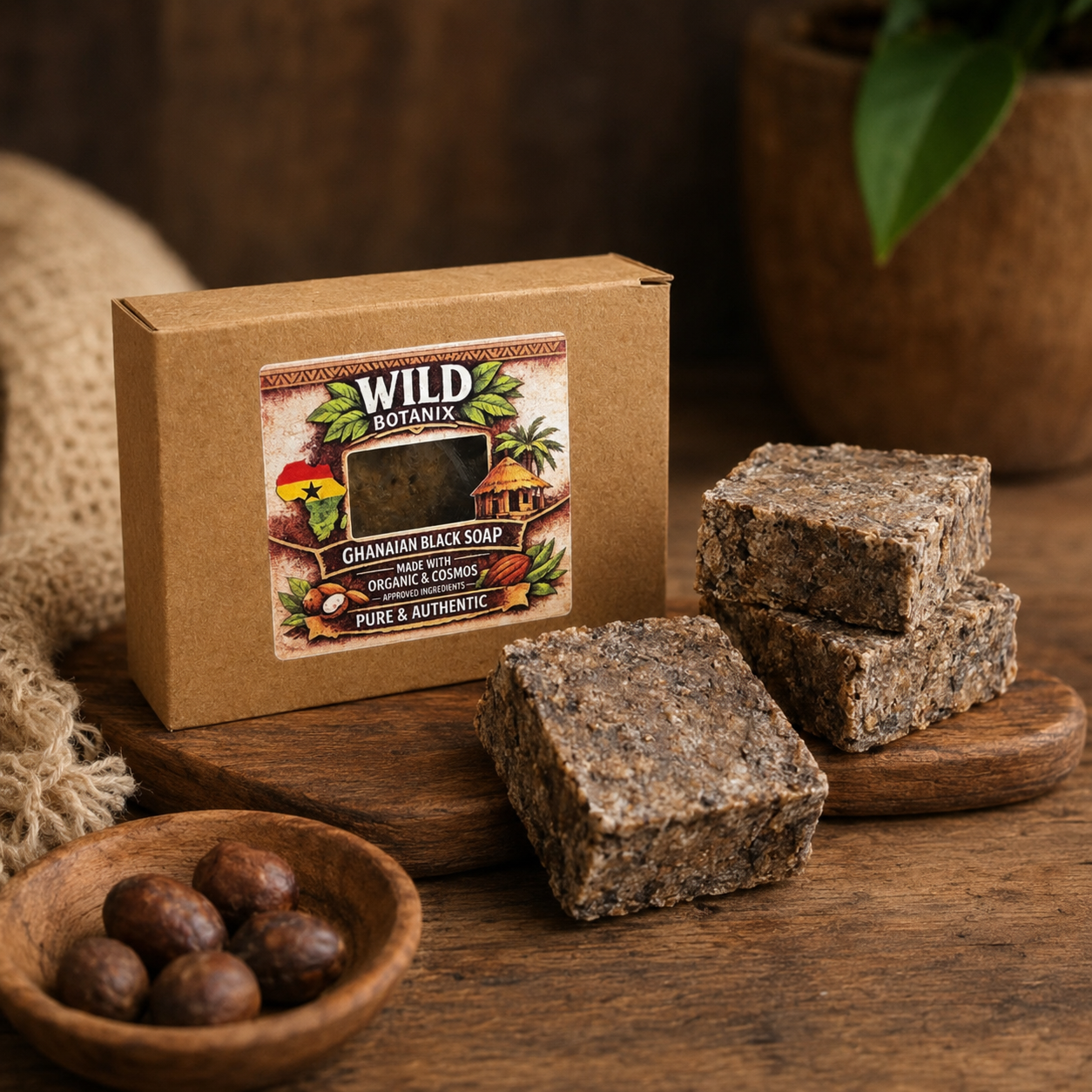 Wild Botanix Ghanaian Black Soap Bar 100g rustic product display with kraft box