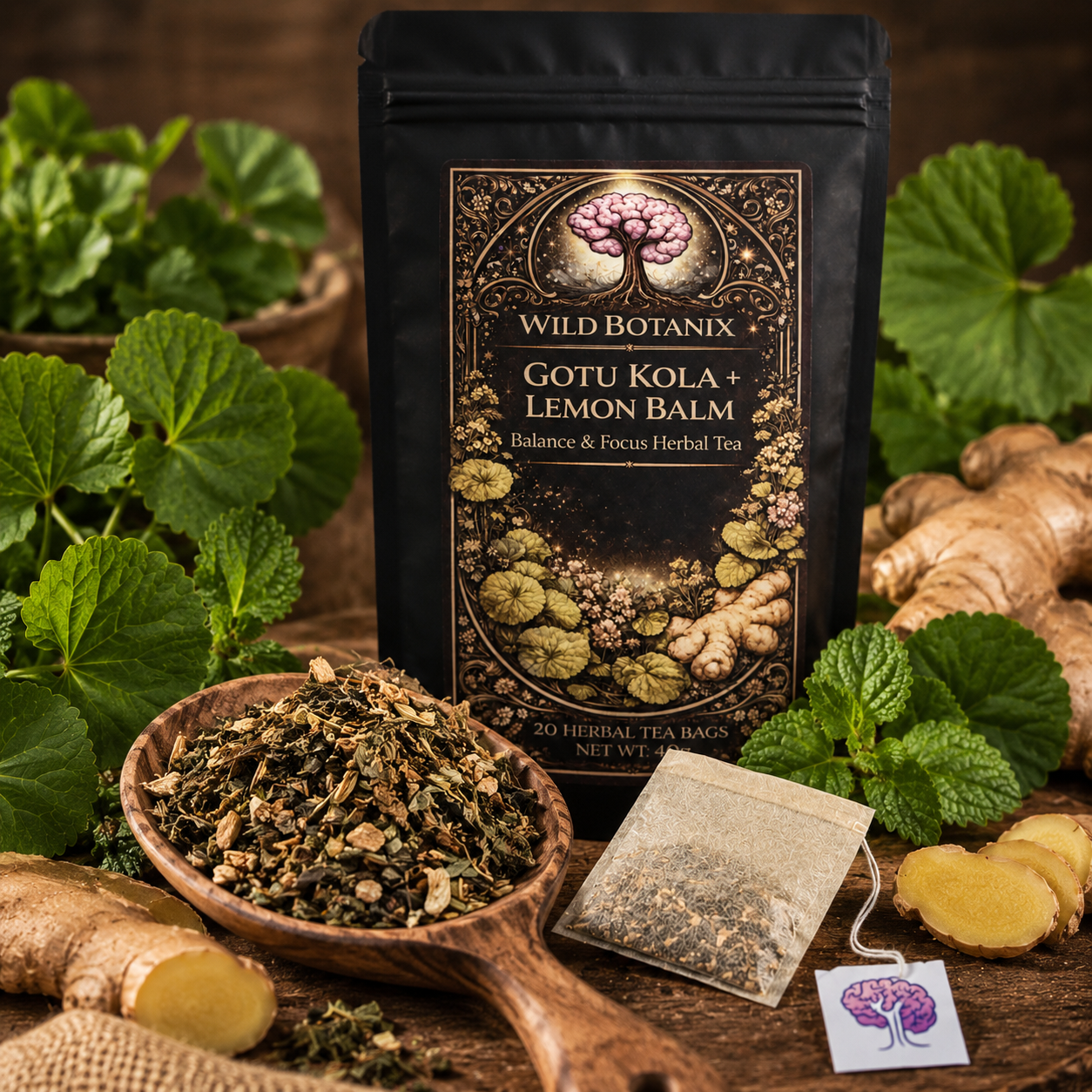 Wild Botanix Gotu Kola Lemon Balm and Ginger Herbal Tea botanical display with flat wood pulp tea bag