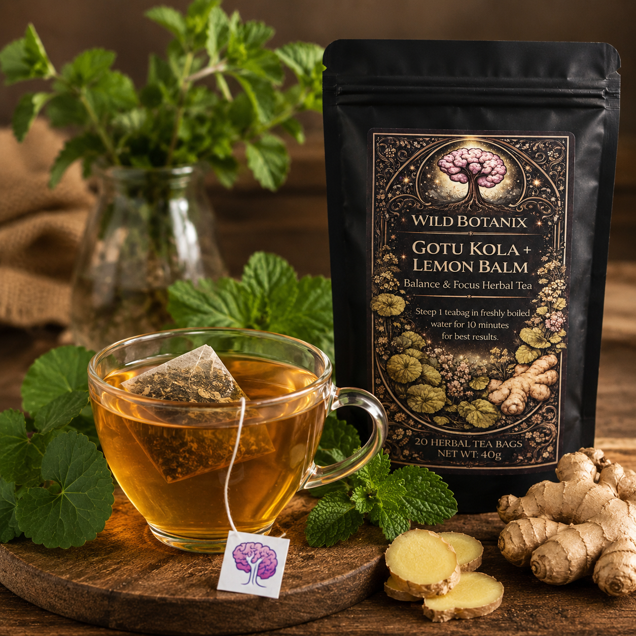 Wild Botanix Gotu Kola Lemon Balm and Ginger Herbal Tea brewed cup lifestyle image with flat wood pulp tea bag