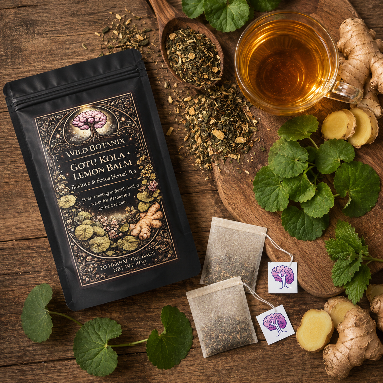 Wild Botanix Gotu Kola Lemon Balm and Ginger Herbal Tea flat lay with brewed tea botanicals and flat wood pulp tea bags